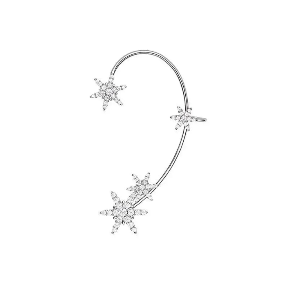 Silver star ear cuff with cross-star clusters and curved hoop band