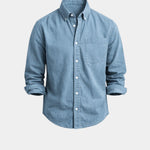 Mens casual button-front shirt in light blue, long sleeves, chest pocket