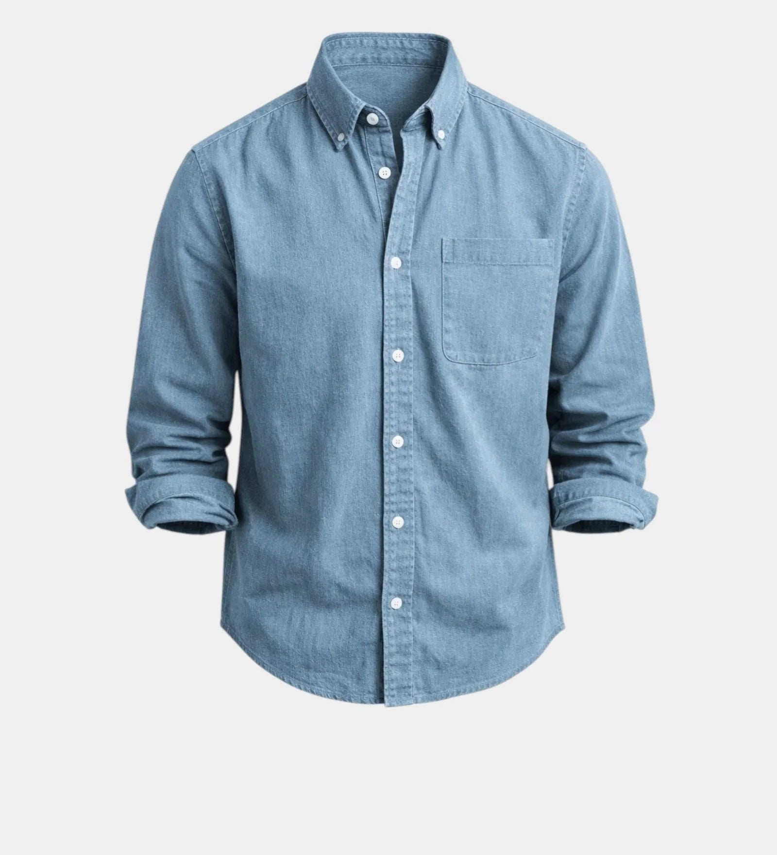 Mens casual button-front shirt in light blue, long sleeves, chest pocket