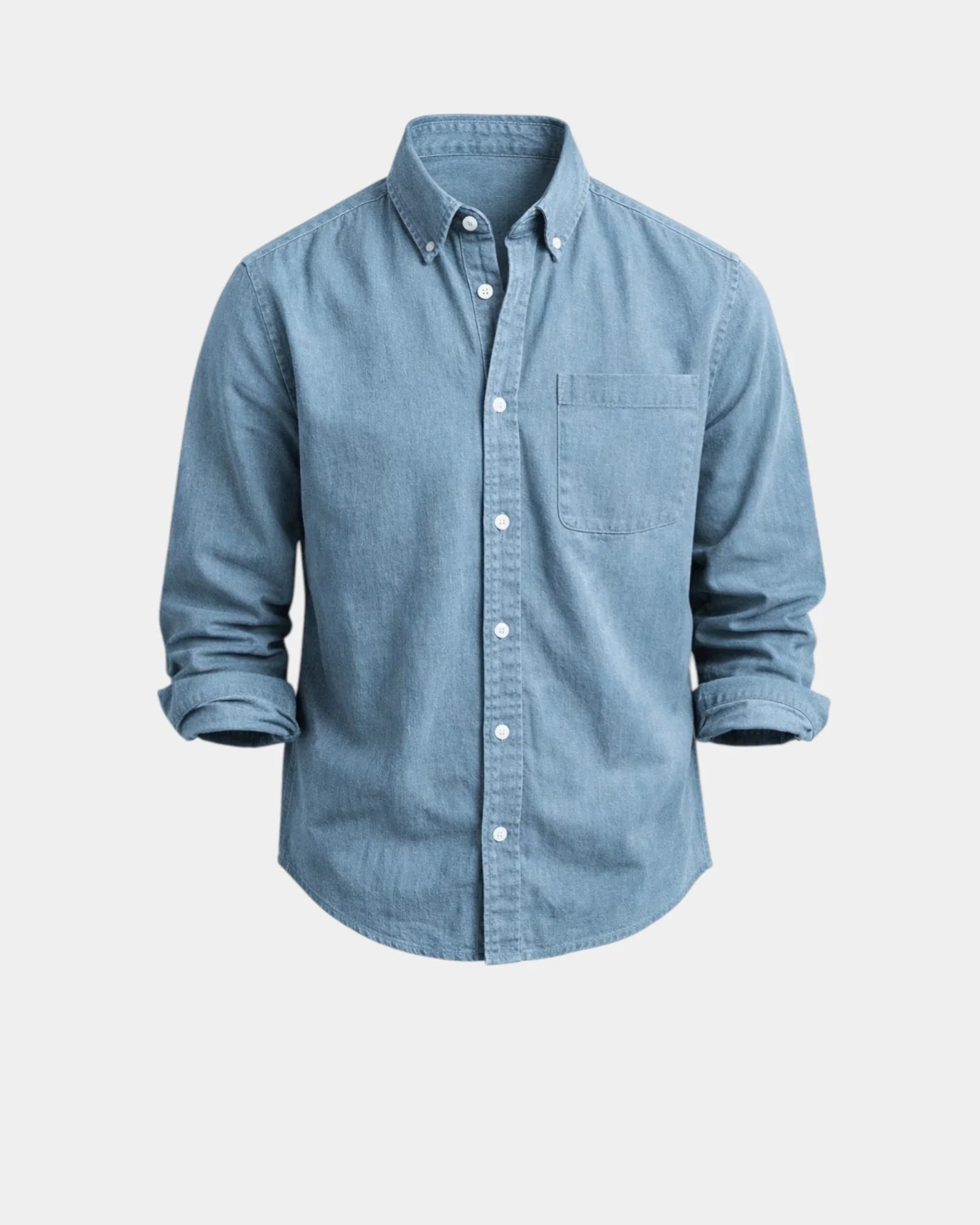 Mens casual button-front shirt in light blue, long sleeves, chest pocket