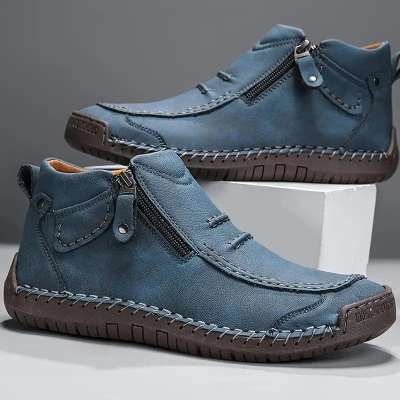 Ferrero ergonomic orthopedic shoes, blue side-zip ankle boots with thick rubber sole