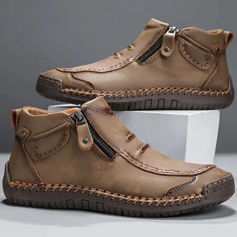 Ferrero ergonomic orthopedic shoes, khaki/tan side-zip ankle boots with stitched upper