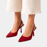 Classic high heels in red, pointed toe pump with slim heel