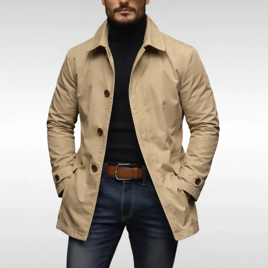 Mens beige urban jacket with button front and notched lapel