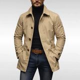 Mens beige urban jacket with button front and notched lapel