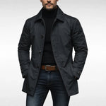 Mens black urban jacket with button front and notched lapel