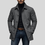 Mens dark gray urban jacket with button front and structured collar