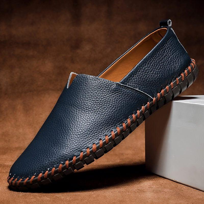 Navy leather slip-on espadrilles with jute midsole and contrast stitched trim