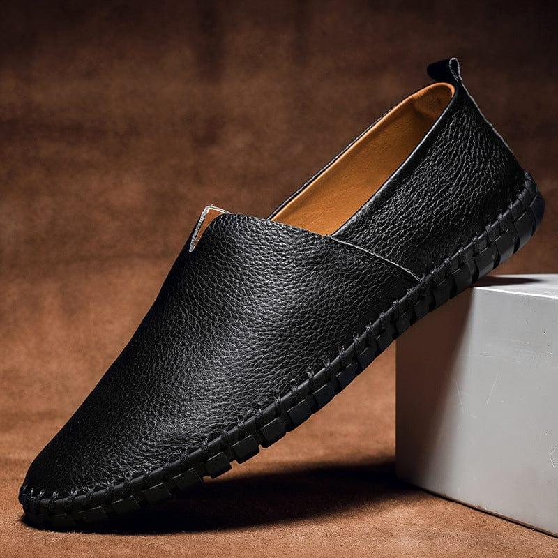 Black leather slip-on espadrilles with jute sole and dark stitched edge trim