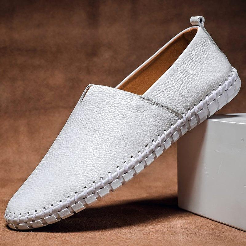 White leather slip-on espadrilles with jute sole and white stitched trim