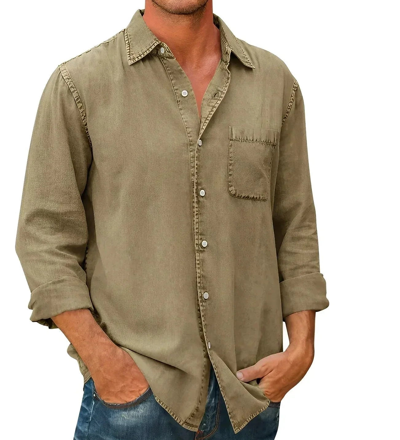 Khaki long-sleeve button-up shirt with chest pocket and classic collar