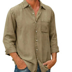Khaki long-sleeve button-up shirt with chest pocket and classic collar