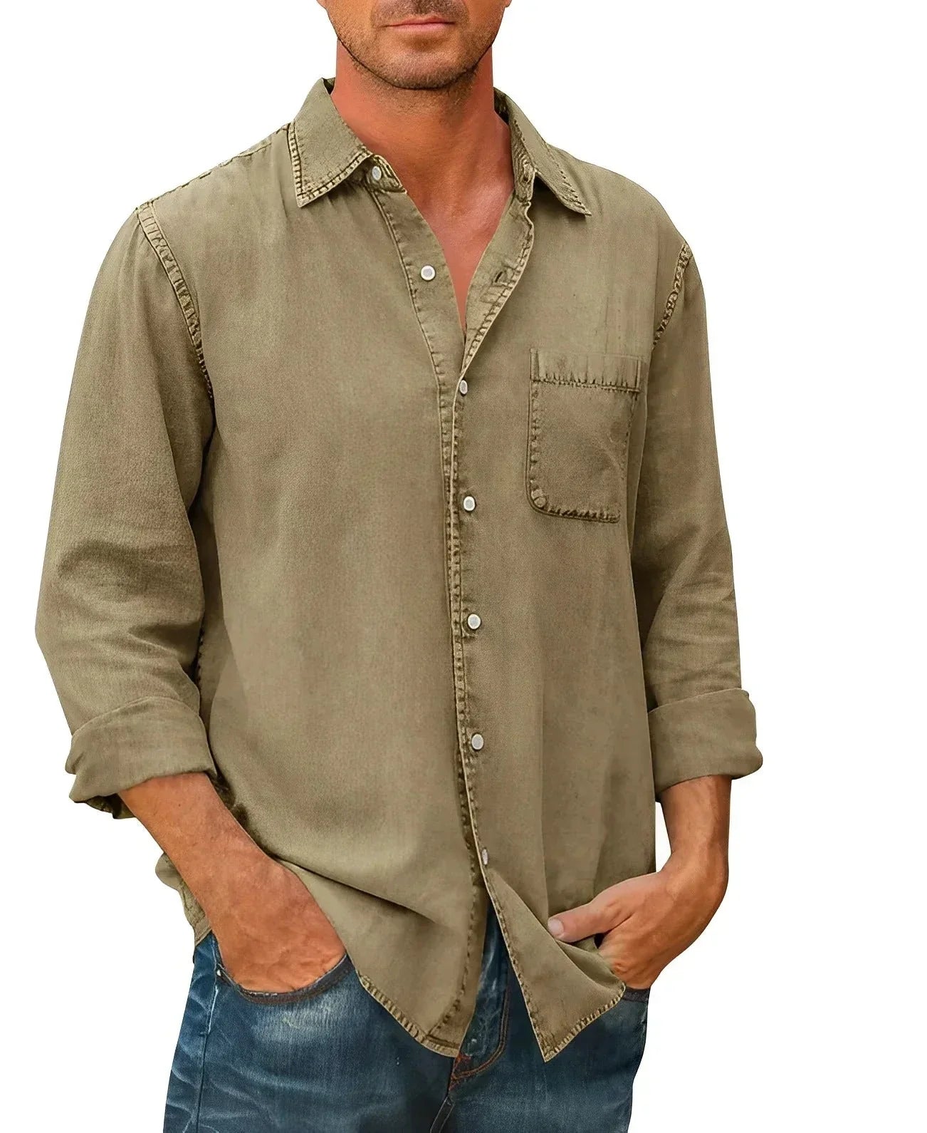 Khaki long-sleeve button-up shirt with chest pocket and classic collar