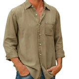 Khaki long-sleeve button-up shirt with chest pocket and classic collar
