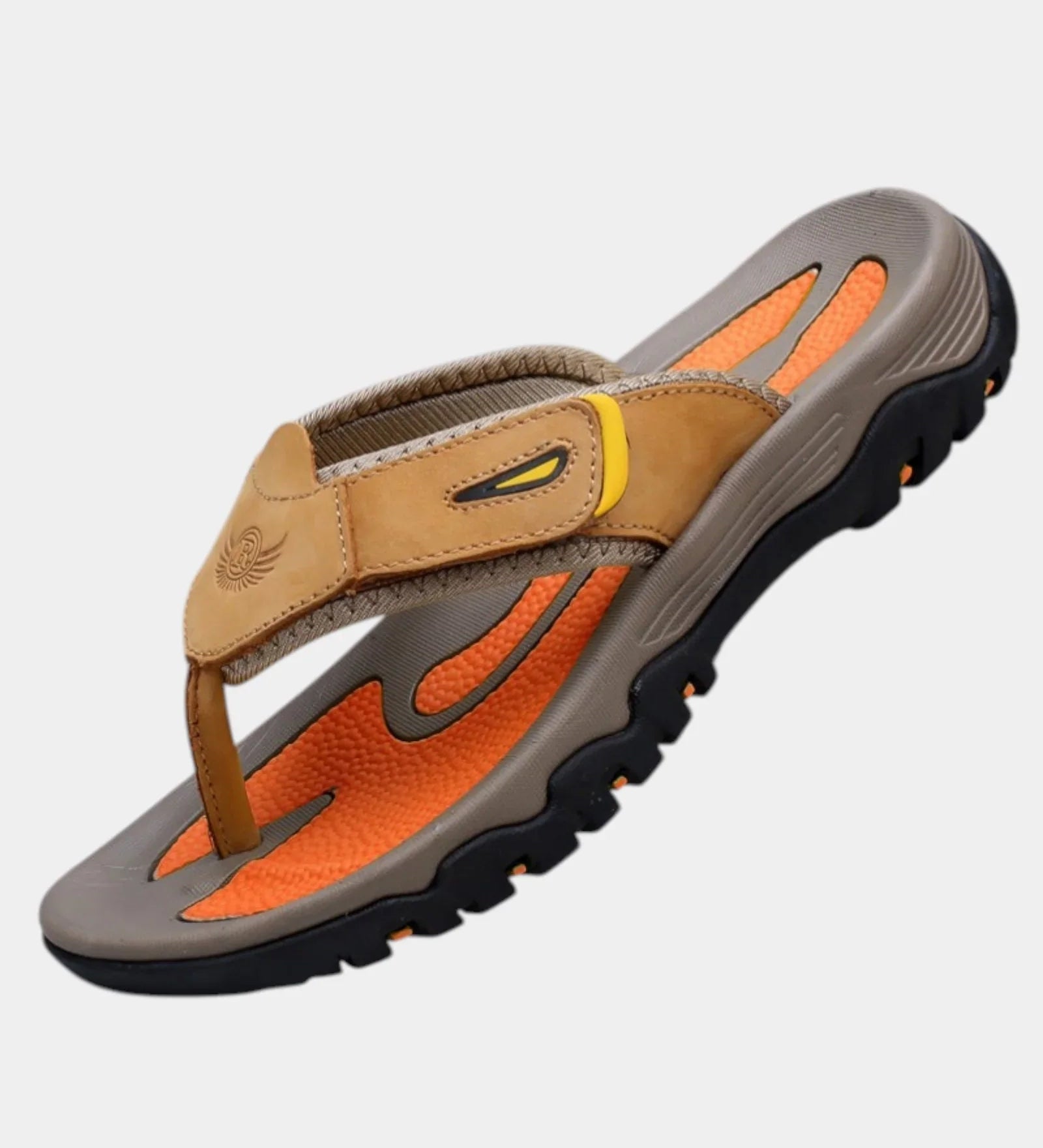 Camel leather slide sandals with orange footbed and chunky black rubber sole