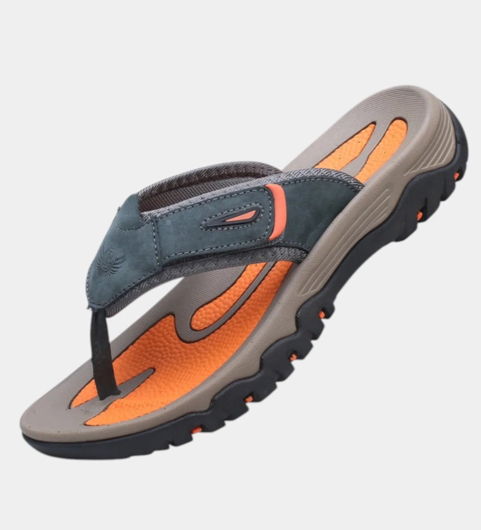 Teal leather slide sandals with orange footbed and chunky gray rubber sole