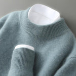 Elegant light blue cashmere sweater with crew neck and ribbed cuffs