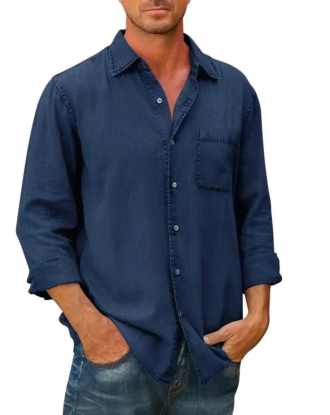 Navy long-sleeve button-up shirt with chest pocket and classic collar
