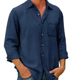 Navy long-sleeve button-up shirt with chest pocket and classic collar