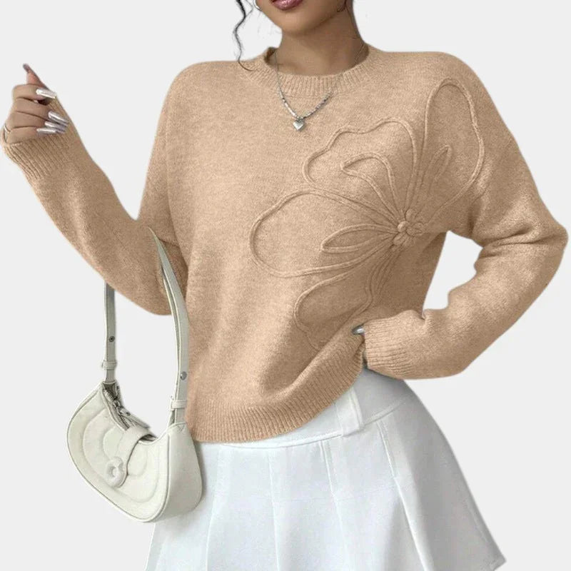 Beige knit flower sweater with long sleeves and crew neck
