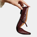 Burgundy leather sandals with side ankle strap and square buckle, mid-height heel