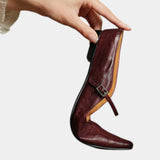 Burgundy leather sandals with side ankle strap and square buckle, mid-height heel
