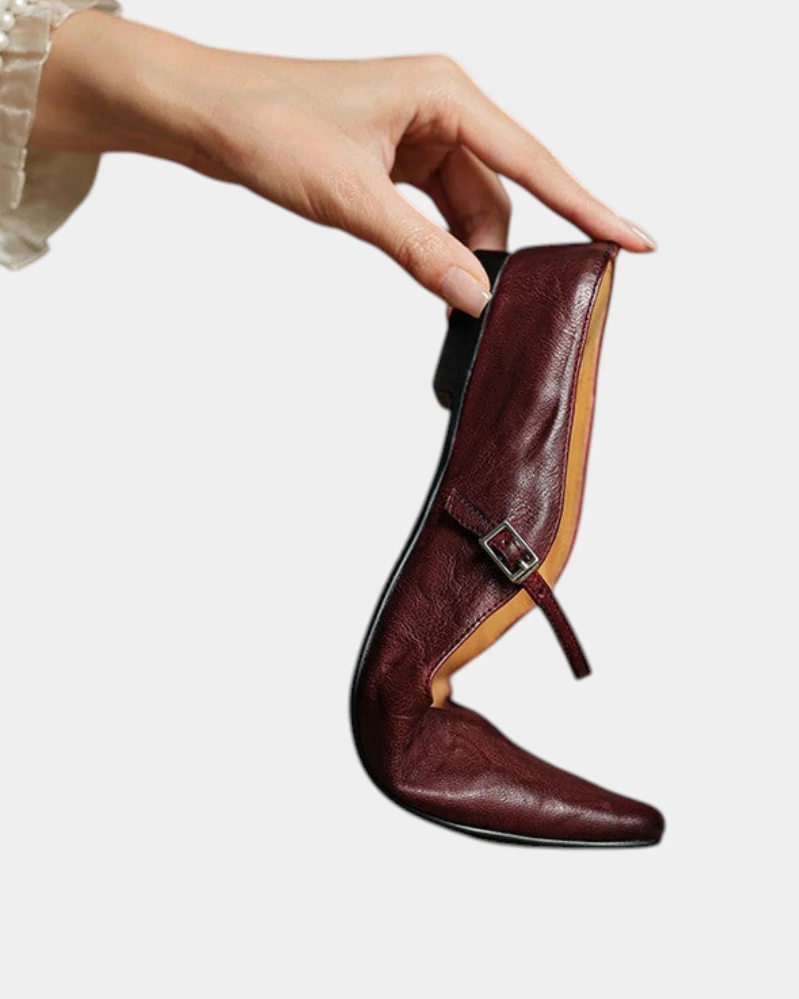 Burgundy leather sandals with side ankle strap and square buckle, mid-height heel