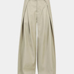 Beige wide-leg trousers, front view with button waistband and belt loops