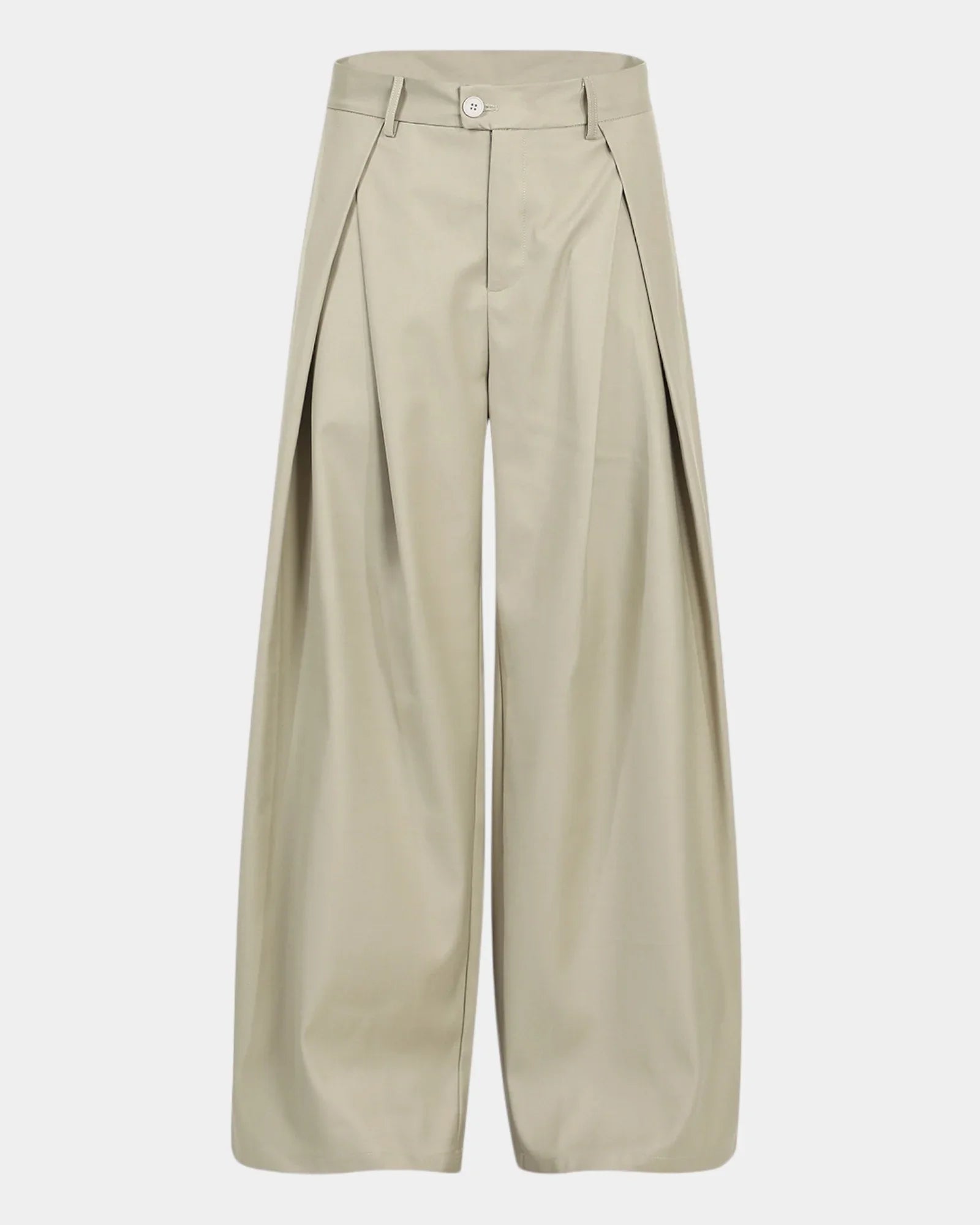 Beige wide-leg trousers, front view with button waistband and belt loops