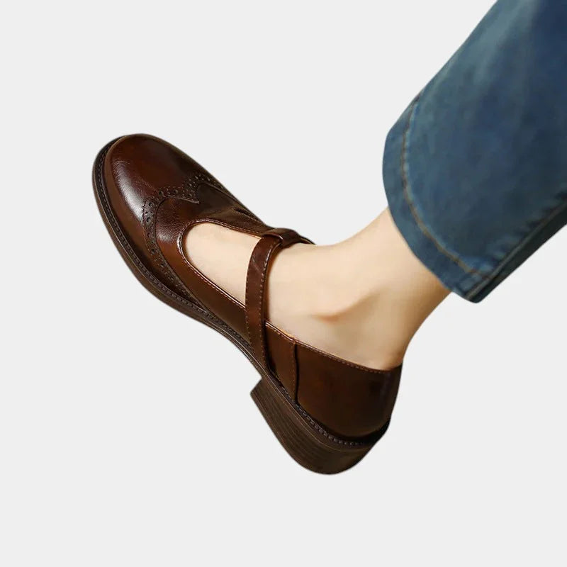 Brown women's classic strap shoes with buckle T-strap and low block heel.