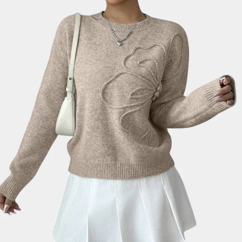 Light gray knitted flower sweater with crew neck, long sleeves, and 3D floral knit motif