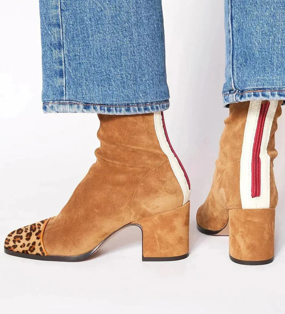 Tan suede heeled boots with leopard-print toe and block heel
