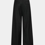 Black wide-leg trousers with patch pockets on front and button waistband