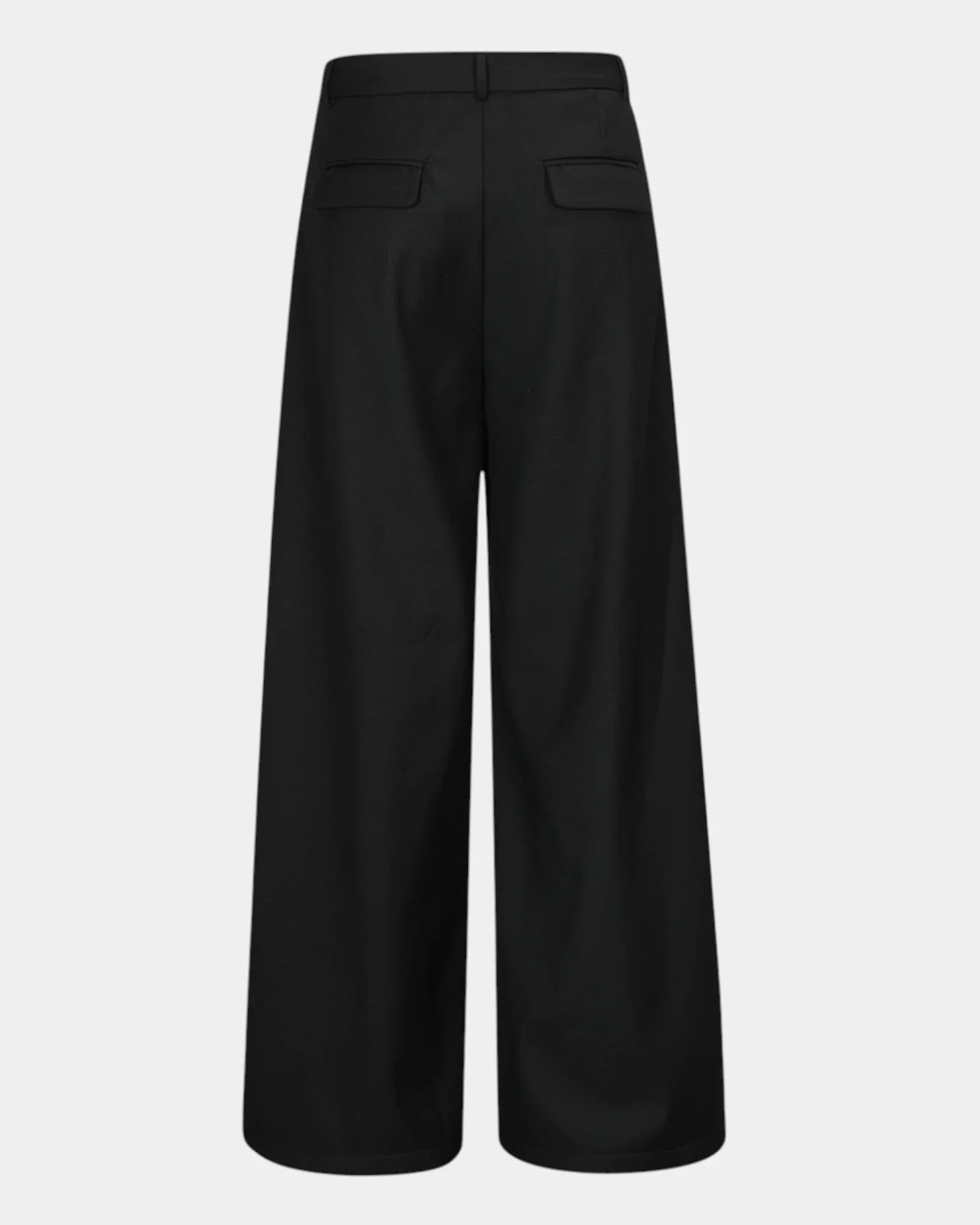 Black wide-leg trousers with patch pockets on front and button waistband