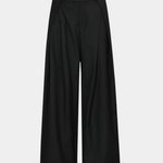 Black wide-leg pants, flat front view with waistband and button closure