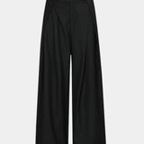 Black wide-leg pants, flat front view with waistband and button closure
