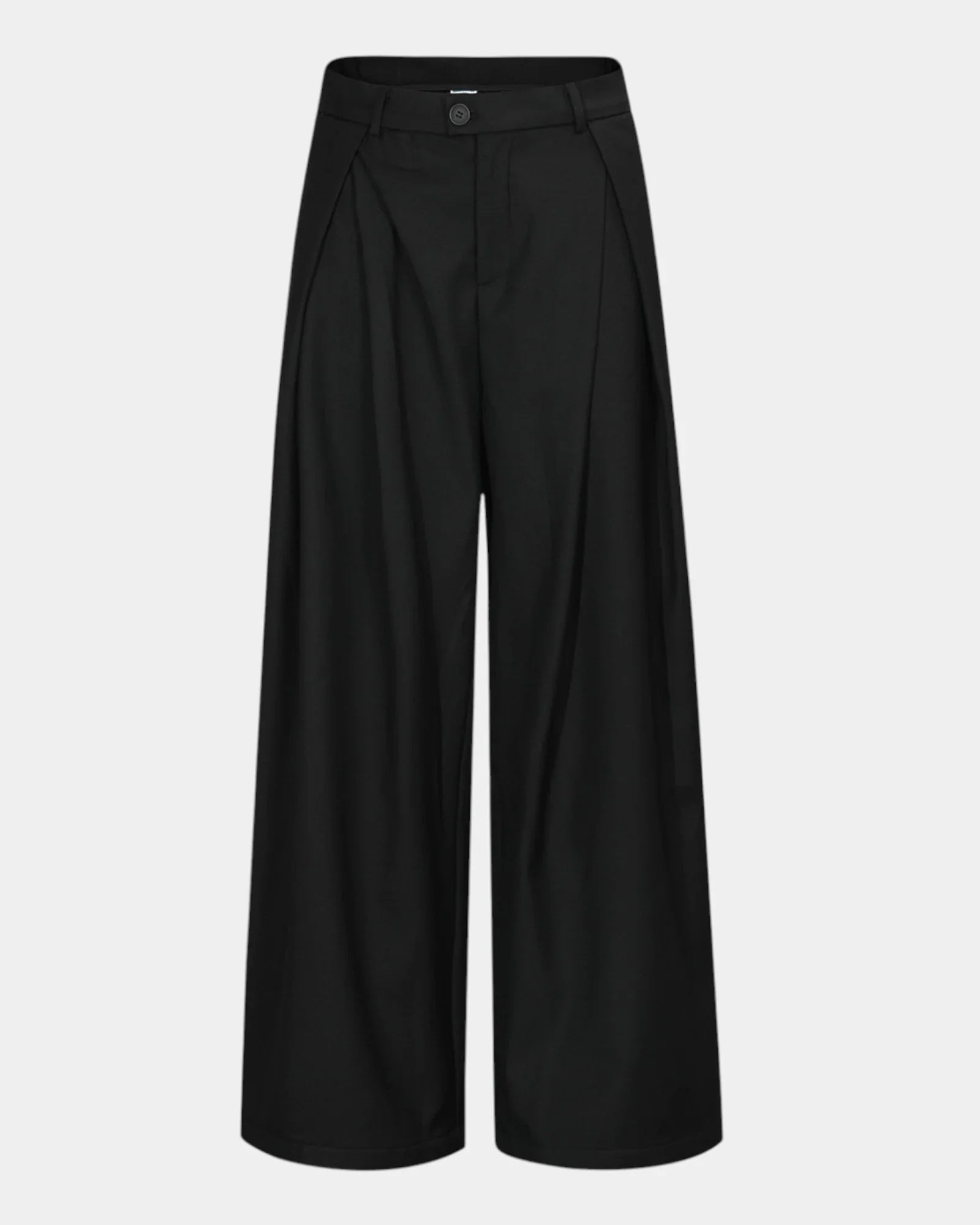 Black wide-leg pants, flat front view with waistband and button closure