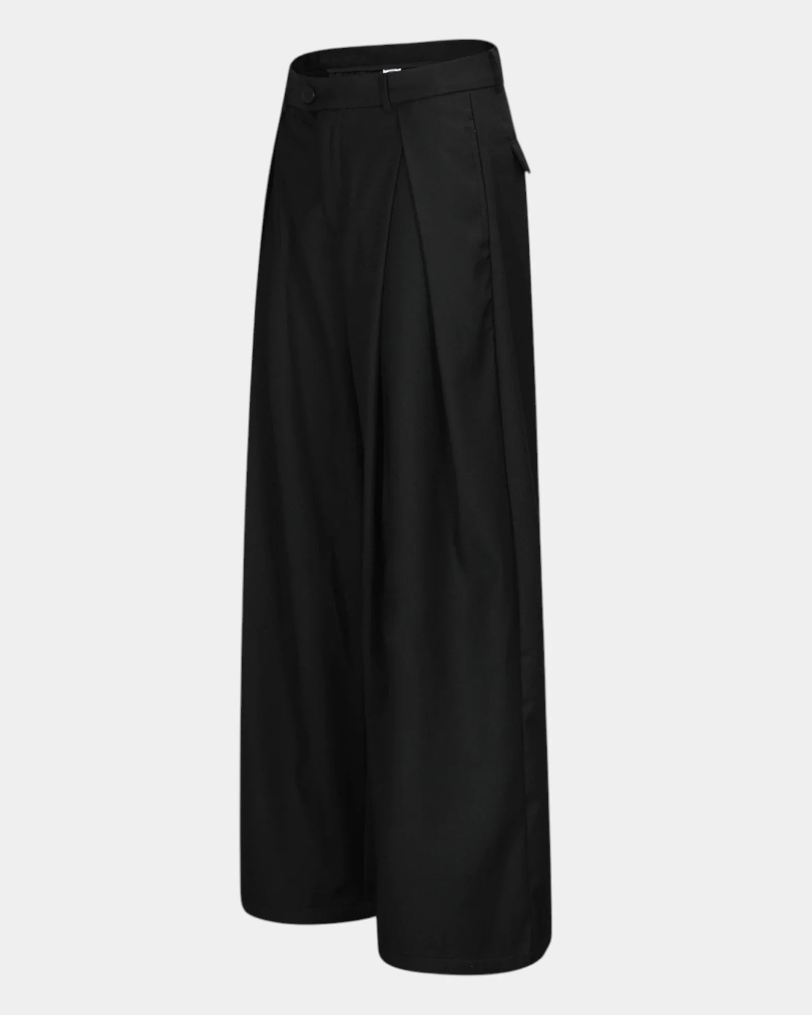 Black wide-leg pants with relaxed fit, slanted pockets, and belt loops
