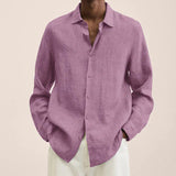 Purple linen-look long-sleeve button-up shirt with pointed collar.