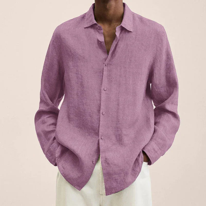 Purple linen-look long-sleeve button-up shirt with pointed collar.