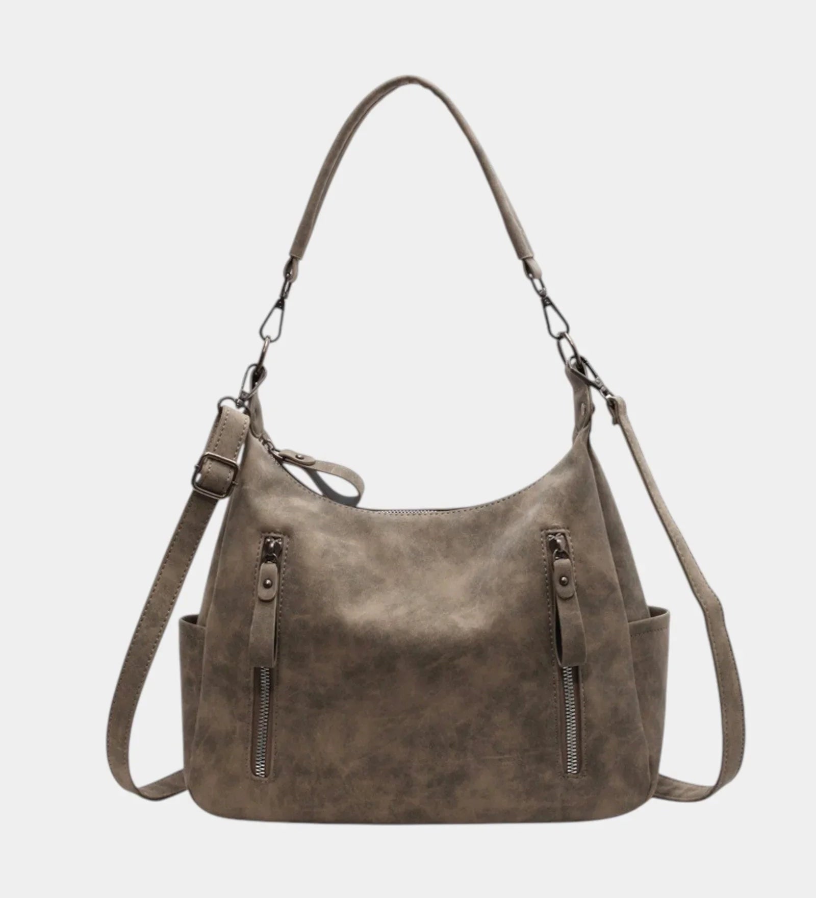 Textured brown shoulder bag with long straps, top handles, and two zip pockets