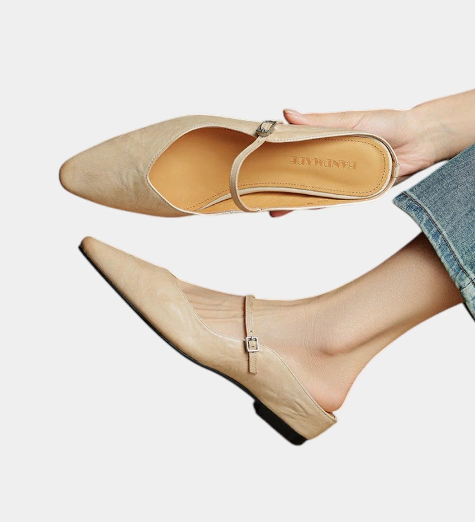 Beige flats sandals with ankle strap and square buckle detail, pointed toe