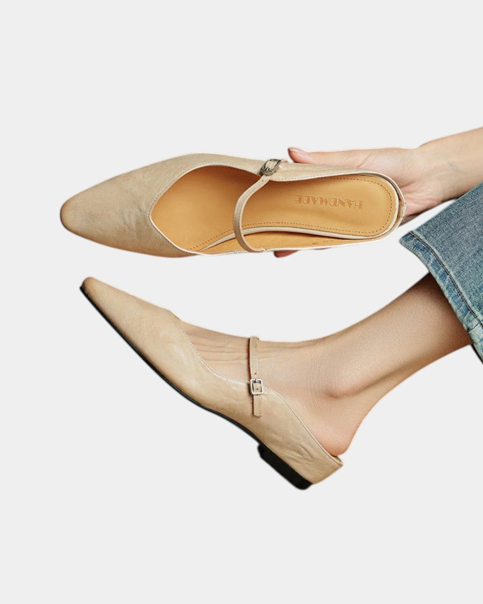 Beige flats sandals with ankle strap and square buckle detail, pointed toe