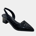 Black orthopedic slingback heels with patent finish and block heel, open back