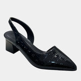 Black orthopedic slingback heels with patent finish and block heel, open back