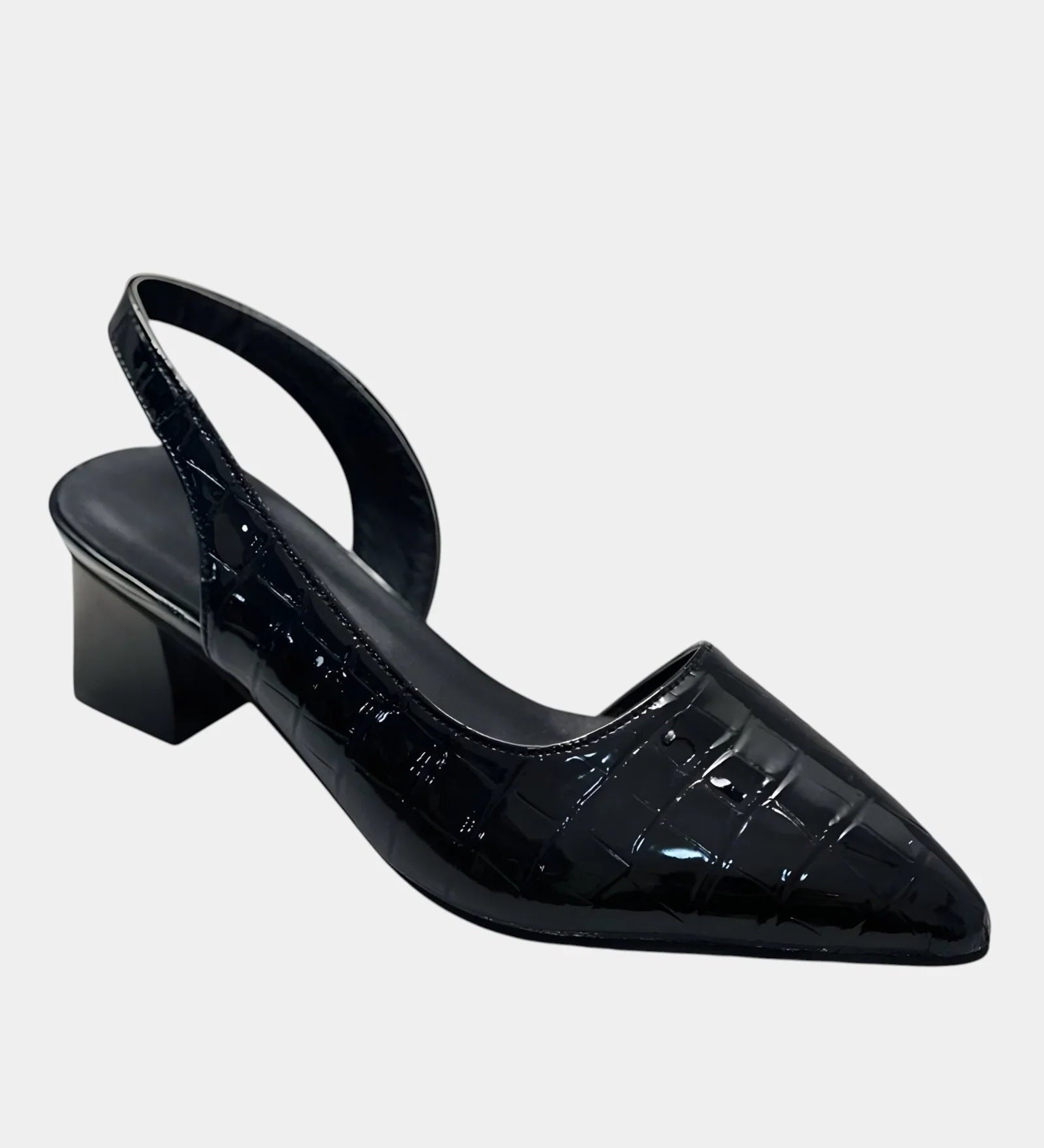 Black orthopedic slingback heels with patent finish and block heel, open back