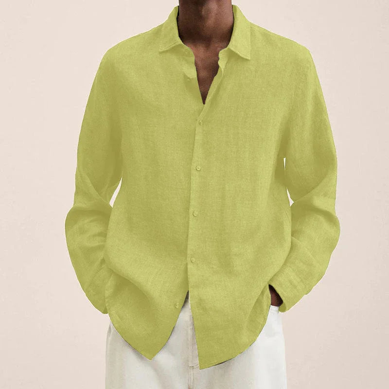Lime green linen-look long-sleeve button-up shirt with pointed collar.