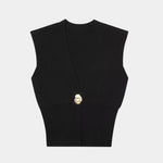 Black knit sleeveless vest with V-neck and gold button detail