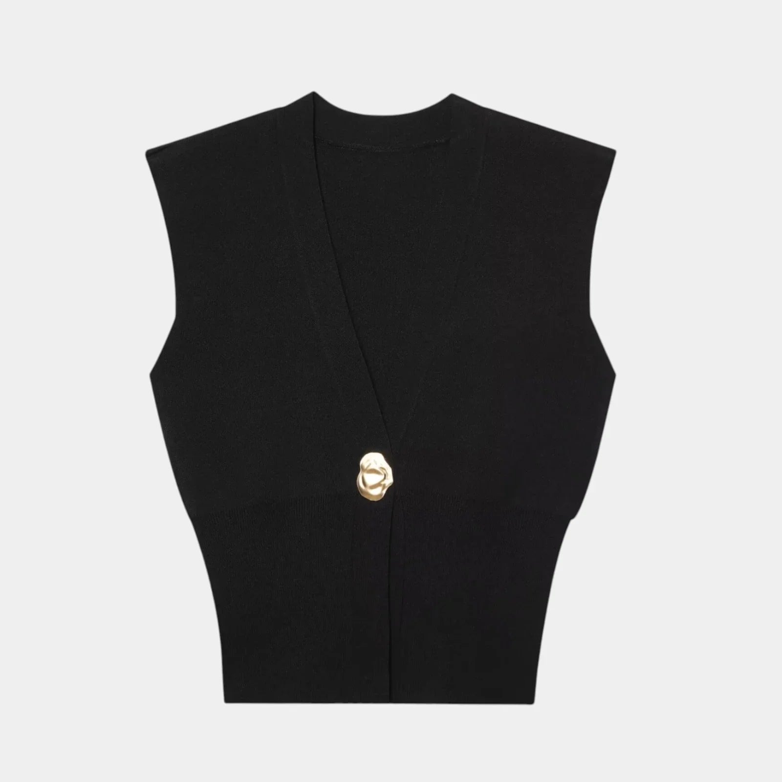 Black knit sleeveless vest with V-neck and gold button detail