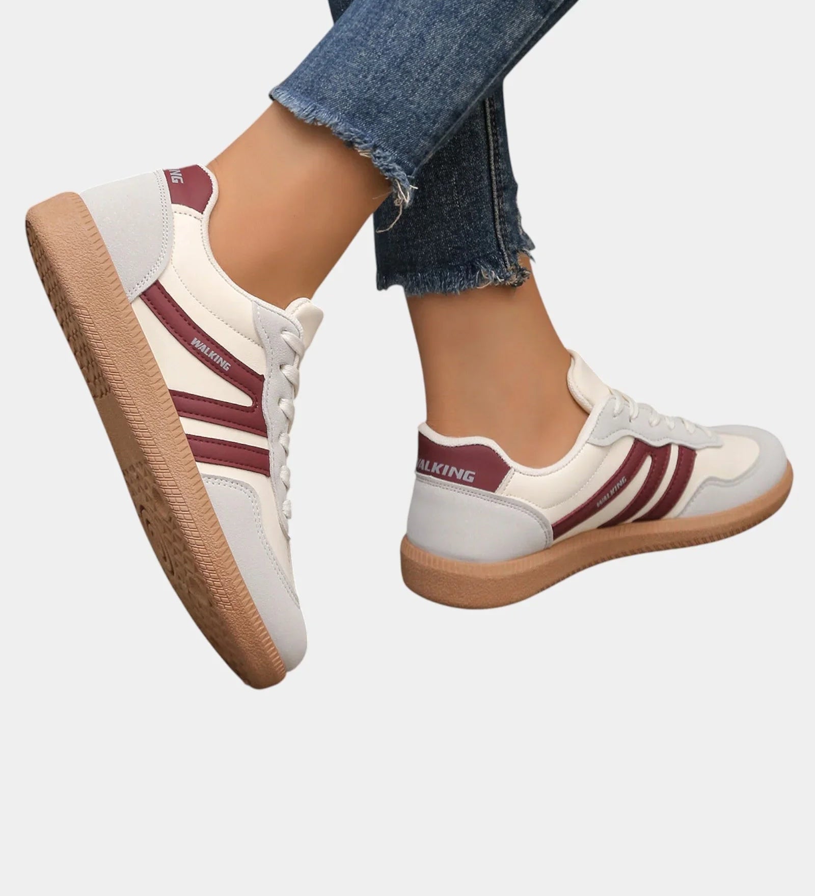 White orthopedic sneakers with burgundy side stripes and tan gum sole